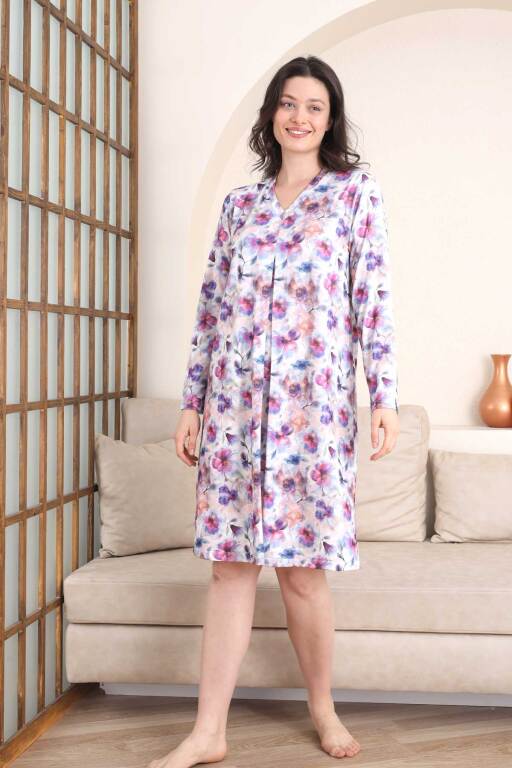 Kadın Gecelik - Çiçek Desenli Uzuzn Kol Likralı Viskon 2842UG - Alimer