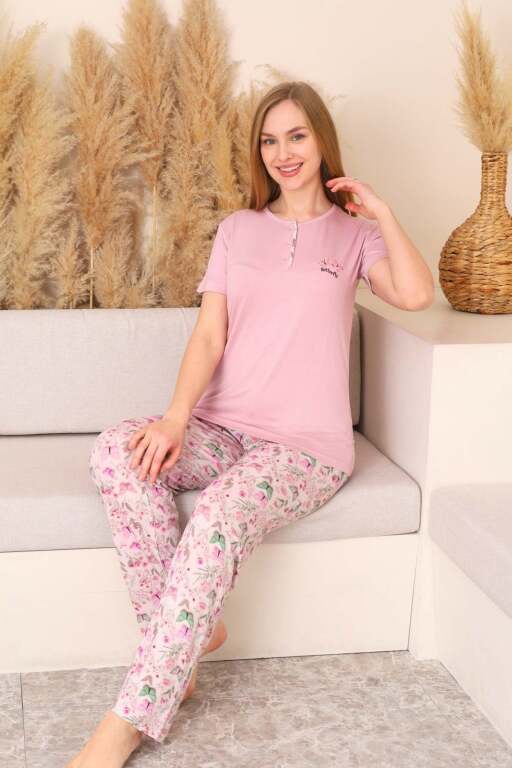 Kadın Pijama Takımı - Pembe 3D Kelebek Desenli Kısa Kol Likralı Viskon 2876KY - 2