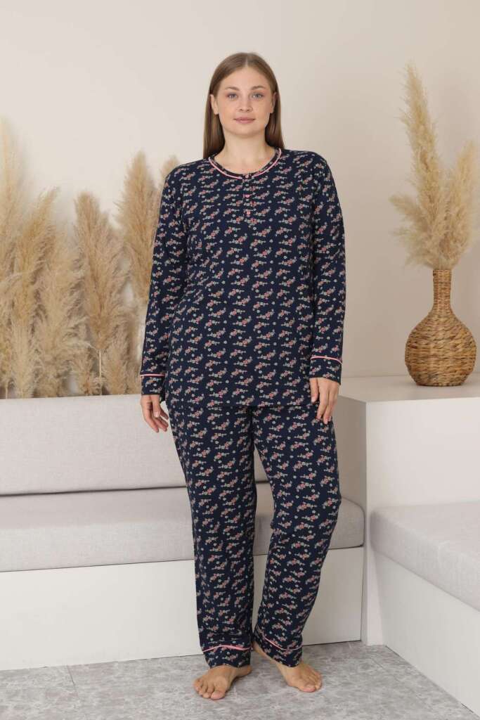 Kadın Pijama Takımı - Çiçek Desen Uzun Kol Likralı Penye 2885UK - 1