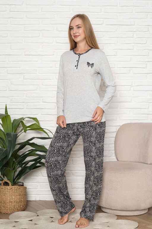 Kadın Pijama Takımı - Gri Etnik Desen Uzun Kol Likralı Kumaş 2921UY - 4