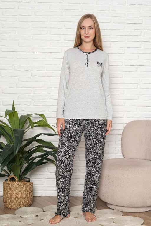 Kadın Pijama Takımı - Gri Etnik Desen Uzun Kol Likralı Kumaş 2921UY - Alimer