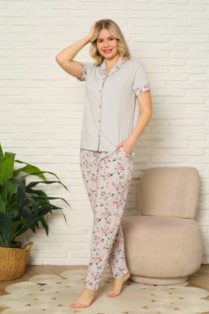 Kadın Pijama Takımı - Gri Gül Desenli Önden Düğmeli Kısa Kollu Likralı Penye 2873KY - 1