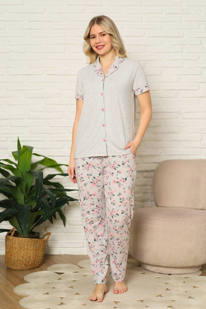 Kadın Pijama Takımı - Gri Gül Desenli Önden Düğmeli Kısa Kollu Likralı Penye 2873KY - 4