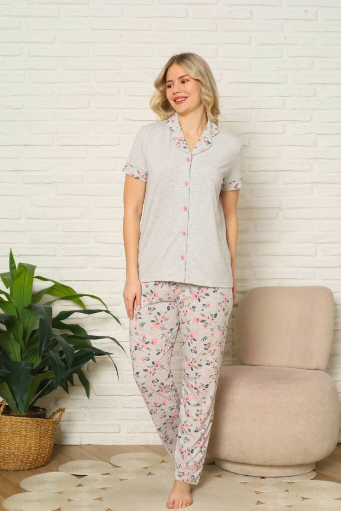 Kadın Pijama Takımı - Gri Gül Desenli Önden Düğmeli Kısa Kollu Likralı Penye 2873KY - 3