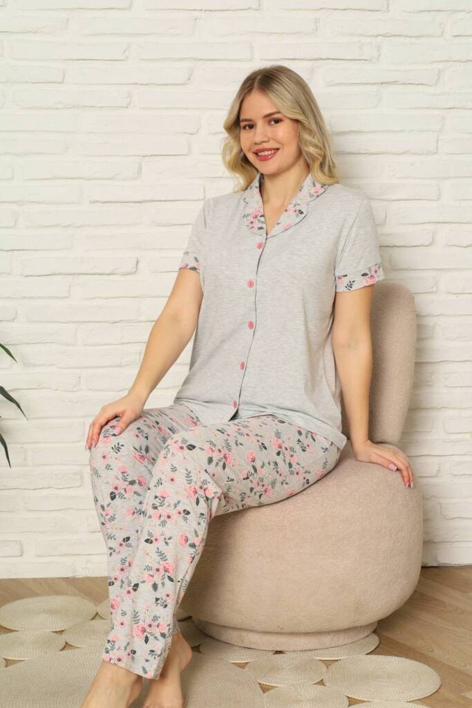 Kadın Pijama Takımı - Gri Gül Desenli Önden Düğmeli Kısa Kollu Likralı Penye 2873KY - 2