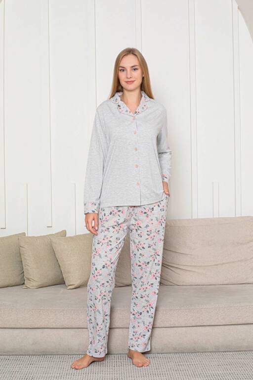 Kadın Pijama Takımı - Gri Gül Desenli Önden Düğmeli Uzun Kollu Likralı Penye 2873UY - Alimer