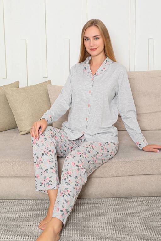 Kadın Pijama Takımı - Gri Gül Desenli Önden Düğmeli Uzun Kollu Likralı Penye 2873UY - Alimer (1)