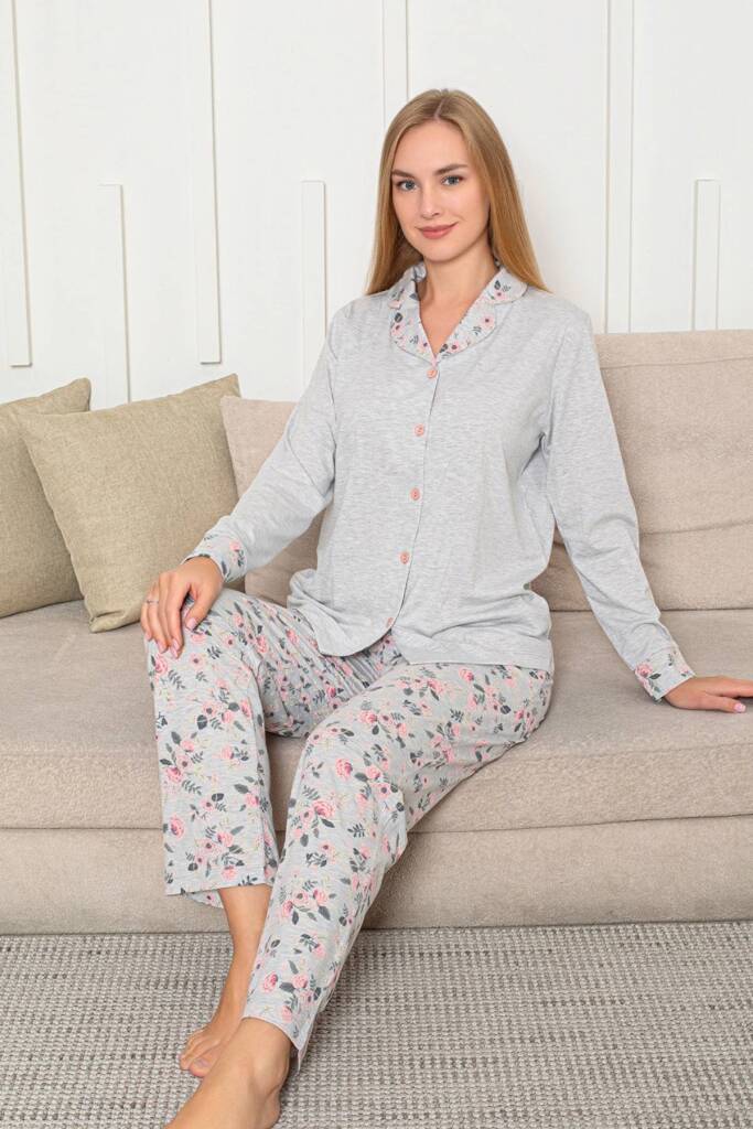 Kadın Pijama Takımı - Gri Gül Desenli Önden Düğmeli Uzun Kollu Likralı Penye 2873UY - 2
