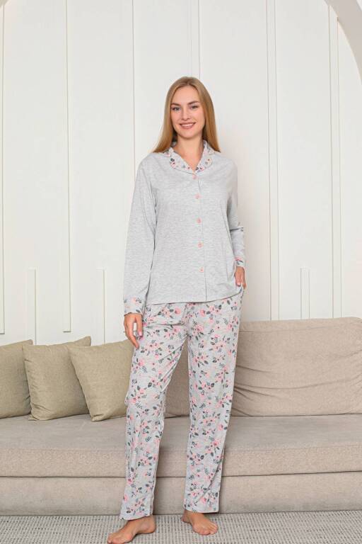 Kadın Pijama Takımı - Gri Gül Desenli Önden Düğmeli Uzun Kollu Likralı Penye 2873UY - 4