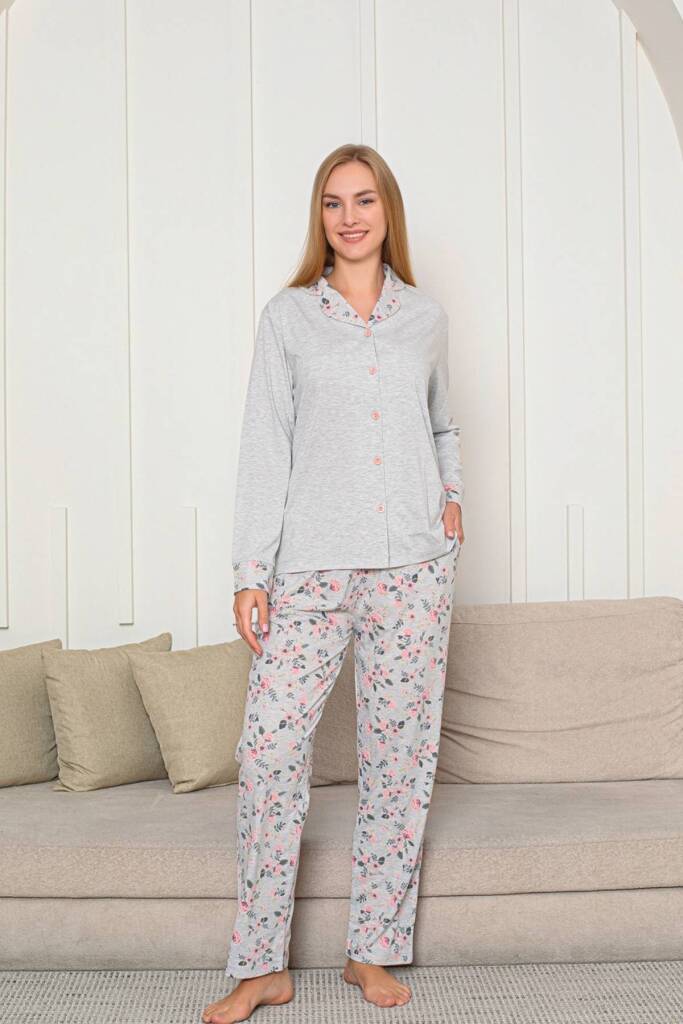 Kadın Pijama Takımı - Gri Gül Desenli Önden Düğmeli Uzun Kollu Likralı Penye 2873UY - 4