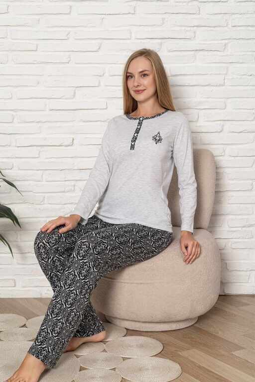 Kadın Pijama Takımı - Gri Etnik Desen Uzun Kol Likralı Kumaş 2923UY - Alimer (1)
