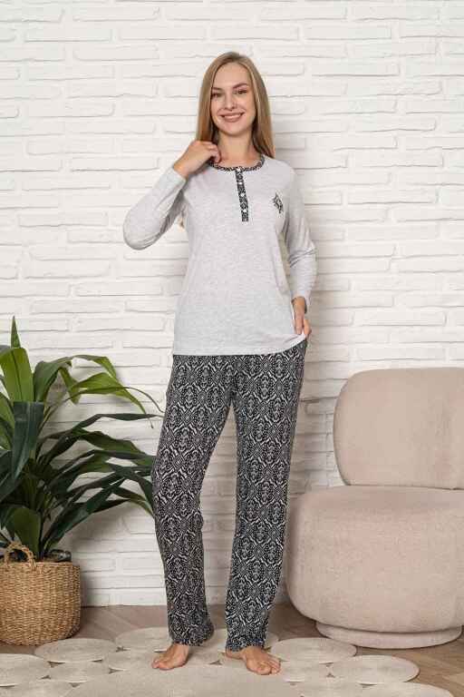 Kadın Pijama Takımı - Gri Etnik Desen Uzun Kol Likralı Kumaş 2923UY - Alimer