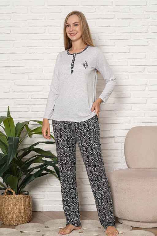 Kadın Pijama Takımı - Gri Etnik Desen Uzun Kol Likralı Kumaş 2923UY - 3
