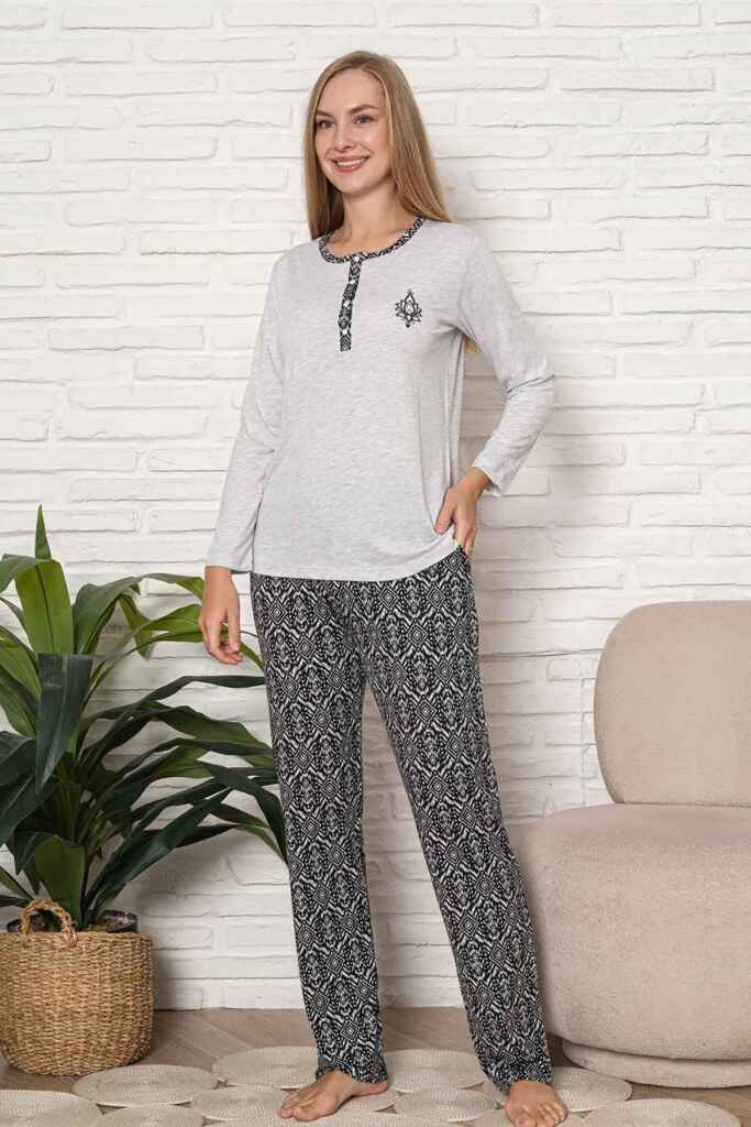 Kadın Pijama Takımı - Gri Etnik Desen Uzun Kol Likralı Kumaş 2923UY - 3