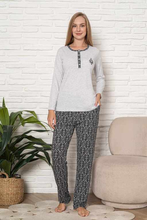 Kadın Pijama Takımı - Gri Etnik Desen Uzun Kol Likralı Kumaş 2923UY - 4