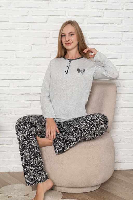 Kadın Pijama Takımı - Gri Etnik Desen Uzun Kol Likralı Kumaş 2923UY - Alimer (1)