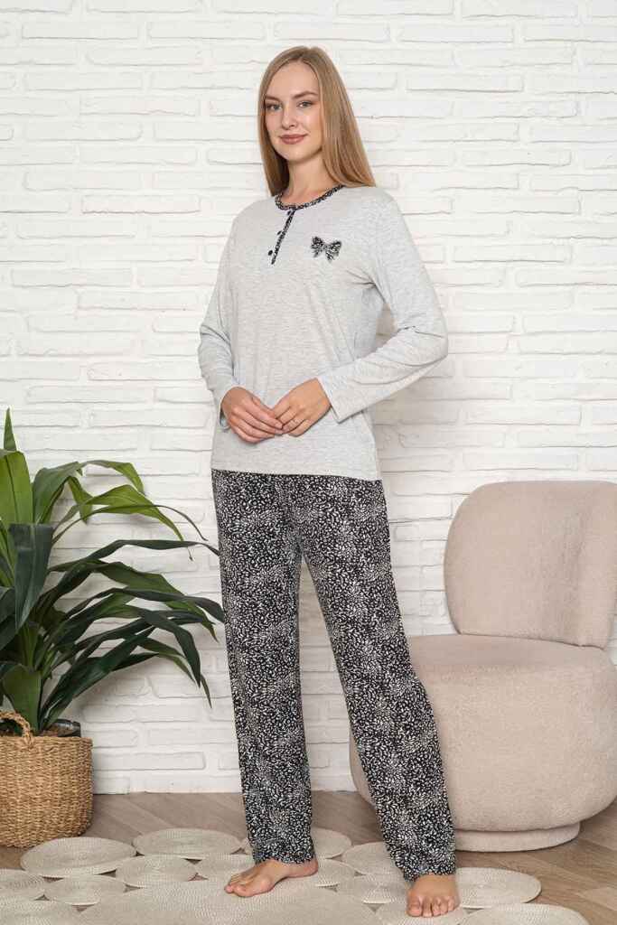 Kadın Pijama Takımı - Gri Etnik Desen Uzun Kol Likralı Kumaş 2923UY - 3