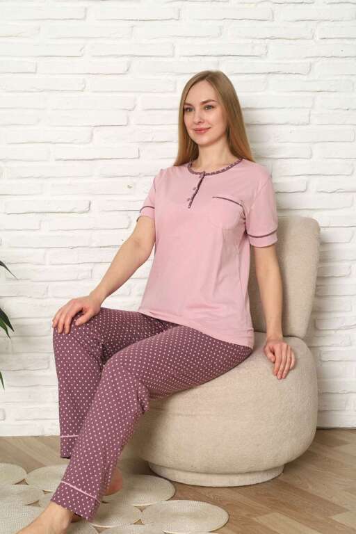 Kadın Pijama Takımı - Gül kurusu Puantiyeli Kısa Kollu Pamuk 2672KY - 2