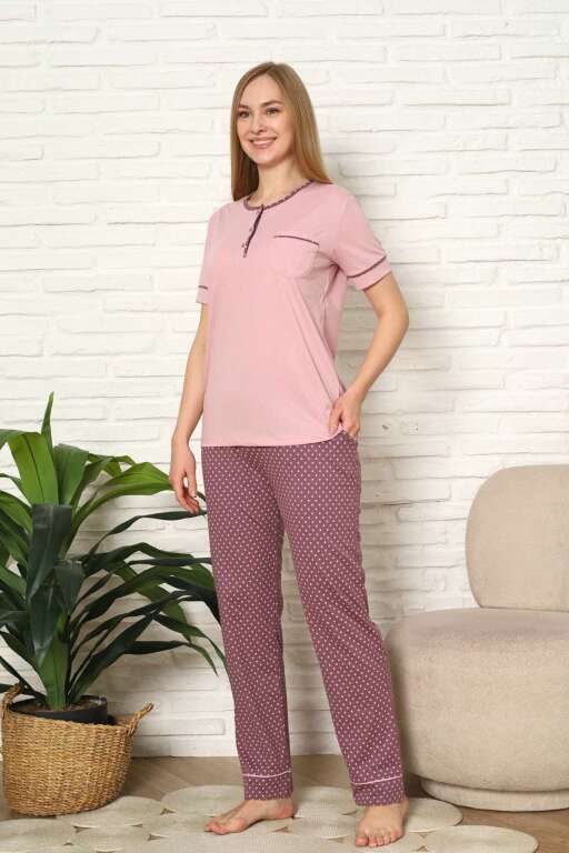 Kadın Pijama Takımı - Gül kurusu Puantiyeli Kısa Kollu Pamuk 2672KY - 4