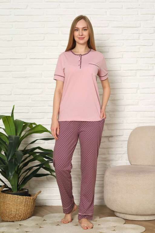 Kadın Pijama Takımı - Gül kurusu Puantiyeli Kısa Kollu Pamuk 2672KY - Alimer