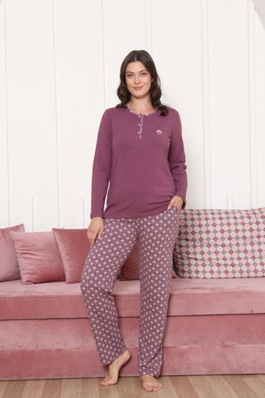 Kadın Pijama Takımı - Gülkurusu Etnik Desen Uzun Kol Likralı Penye 2890UKL - 1