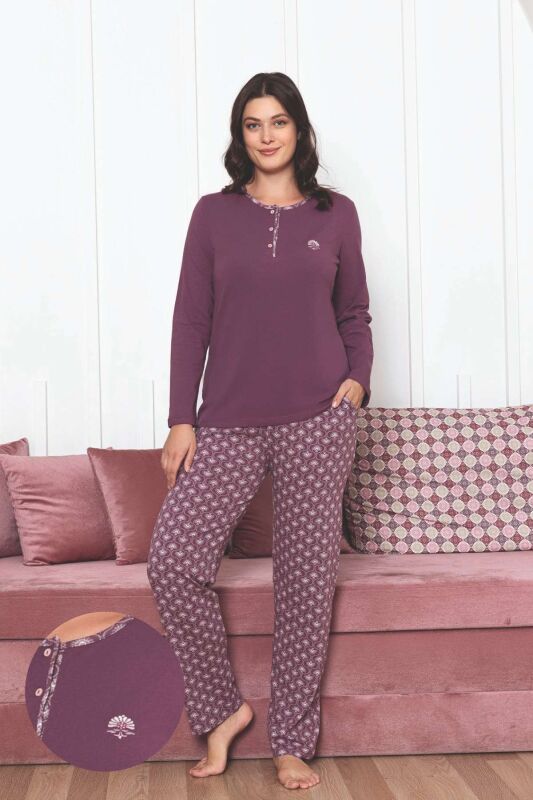 Kadın Pijama Takımı - Gülkurusu Etnik Desen Uzun Kol Likralı Penye 2890UKL - 1