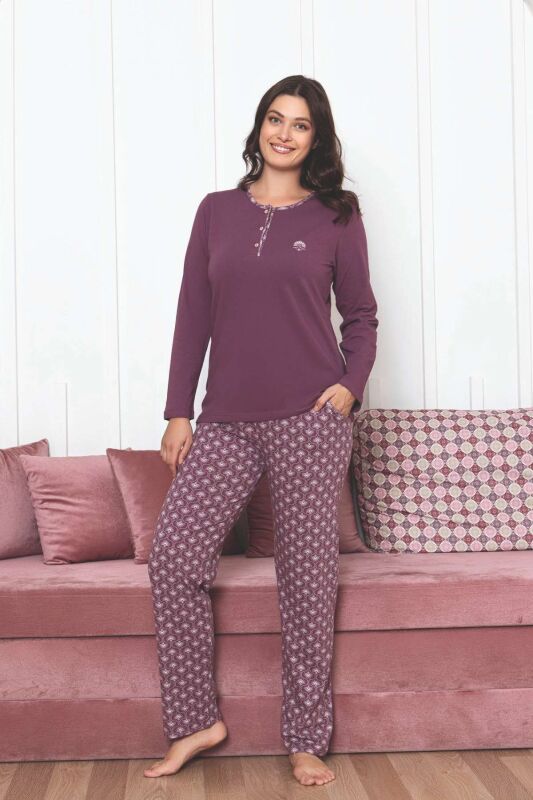 Kadın Pijama Takımı - Gülkurusu Etnik Desen Uzun Kol Likralı Penye 2890UKL - 3