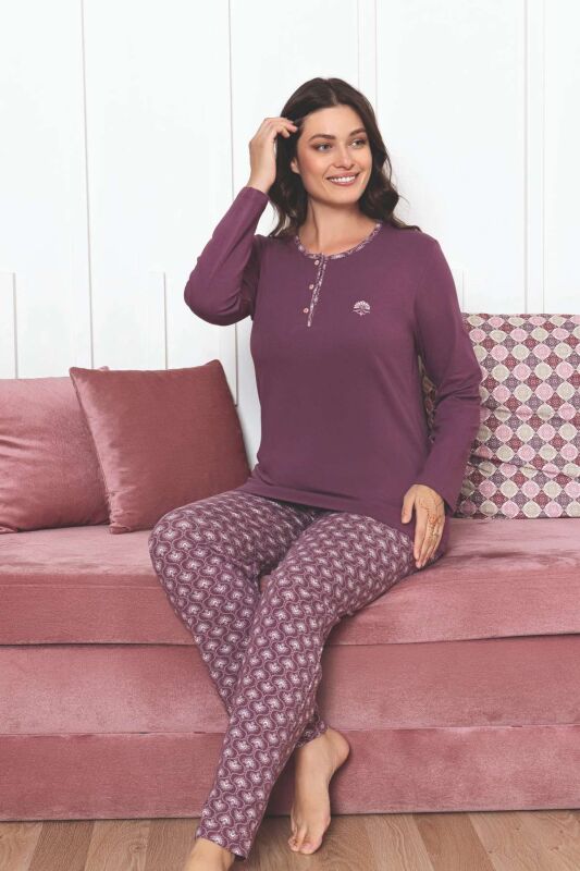 Kadın Pijama Takımı - Gülkurusu Etnik Desen Uzun Kol Likralı Penye 2890UKL - 5