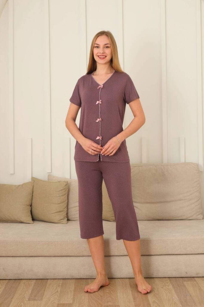 Kadın Pijama Takımı - Gülkurusu Puantiyeli Önden Düğmeli Bermuda Likralı 2828B - 1