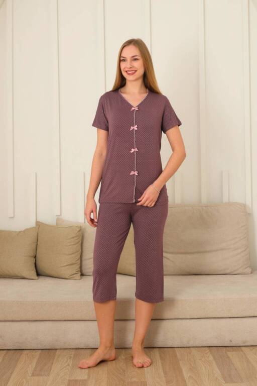 Kadın Pijama Takımı - Gülkurusu Puantiyeli Önden Düğmeli Bermuda Likralı 2828B - 3