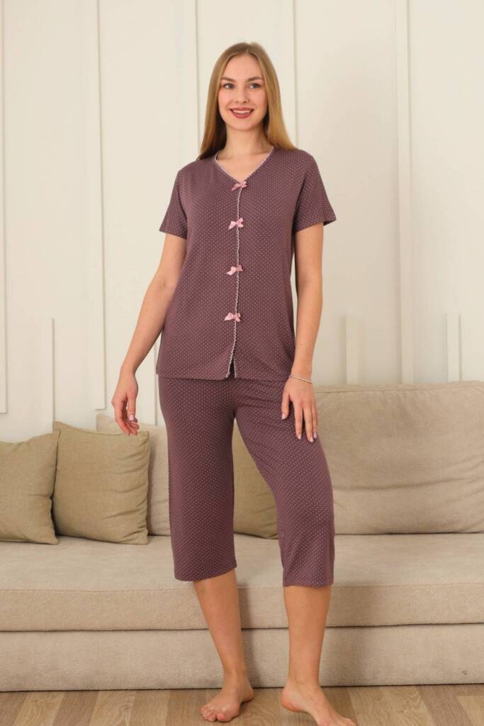 Kadın Pijama Takımı - Gülkurusu Puantiyeli Önden Düğmeli Bermuda Likralı 2828B - 4