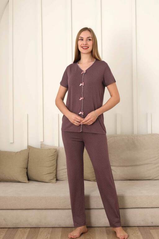 Kadın Pijama Takımı - Gülkurusu Puantiyeli Önden Düğmeli Kısa Kollu Likralı 2828KY - 1