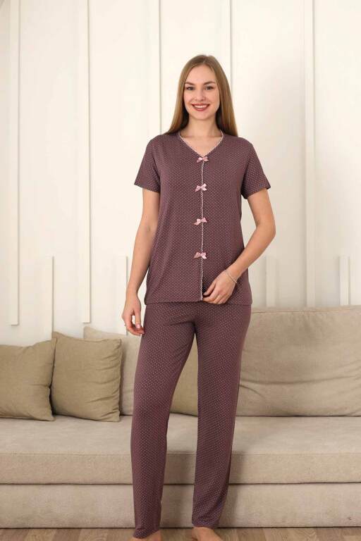 Kadın Pijama Takımı - Gülkurusu Puantiyeli Önden Düğmeli Kısa Kollu Likralı 2828KY - 3