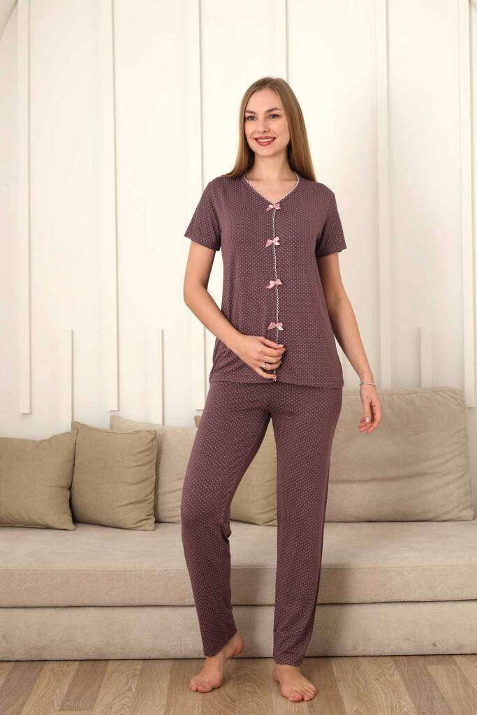 Kadın Pijama Takımı - Gülkurusu Puantiyeli Önden Düğmeli Kısa Kollu Likralı 2828KY - 4