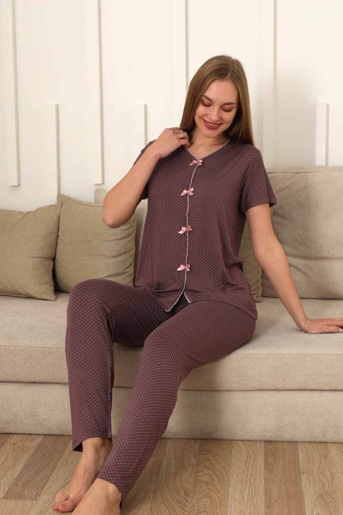 Kadın Pijama Takımı - Gülkurusu Puantiyeli Önden Düğmeli Kısa Kollu Likralı 2828KY - 2