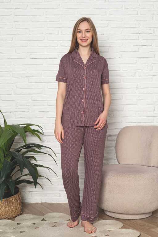Kadın Pijama Takımı - Gülkurusu Puantiyeli Önden Düğmeli Kısa Kollu Likralı Viskon 2888KY - Alimer