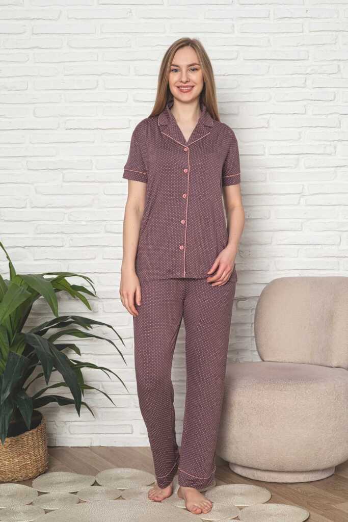 Kadın Pijama Takımı - Gülkurusu Puantiyeli Önden Düğmeli Kısa Kollu Likralı Viskon 2888KY - 1