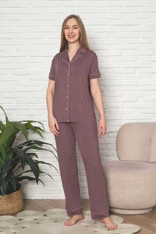 Kadın Pijama Takımı - Gülkurusu Puantiyeli Önden Düğmeli Kısa Kollu Likralı Viskon 2888KY - Alimer (1)
