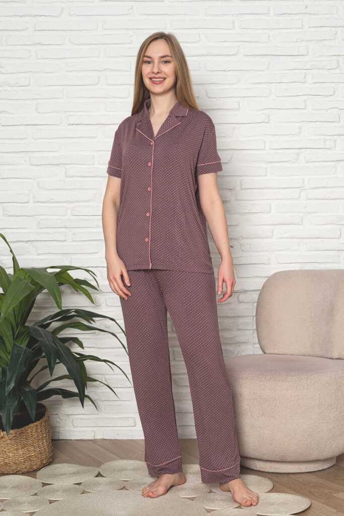 Kadın Pijama Takımı - Gülkurusu Puantiyeli Önden Düğmeli Kısa Kollu Likralı Viskon 2888KY - 2