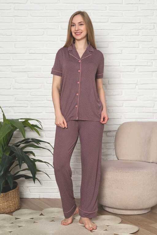Kadın Pijama Takımı - Gülkurusu Puantiyeli Önden Düğmeli Kısa Kollu Likralı Viskon 2888KY - 3