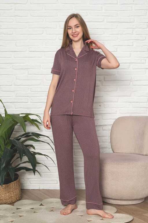 Kadın Pijama Takımı - Gülkurusu Puantiyeli Önden Düğmeli Kısa Kollu Likralı Viskon 2888KY - 4