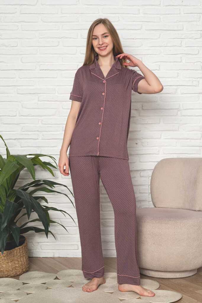 Kadın Pijama Takımı - Gülkurusu Puantiyeli Önden Düğmeli Kısa Kollu Likralı Viskon 2888KY - 4