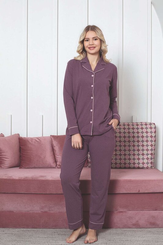 Kadın Pijama Takımı - Gülkurusu Puantiyeli Önden Düğmeli Likralı Penye 2888UK - 3