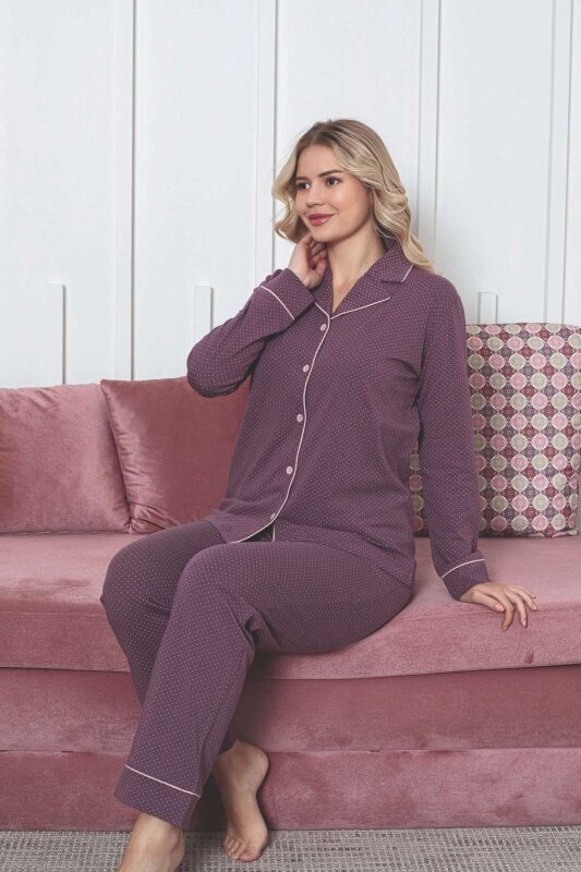 Kadın Pijama Takımı - Gülkurusu Puantiyeli Önden Düğmeli Likralı Penye 2888UK - 5