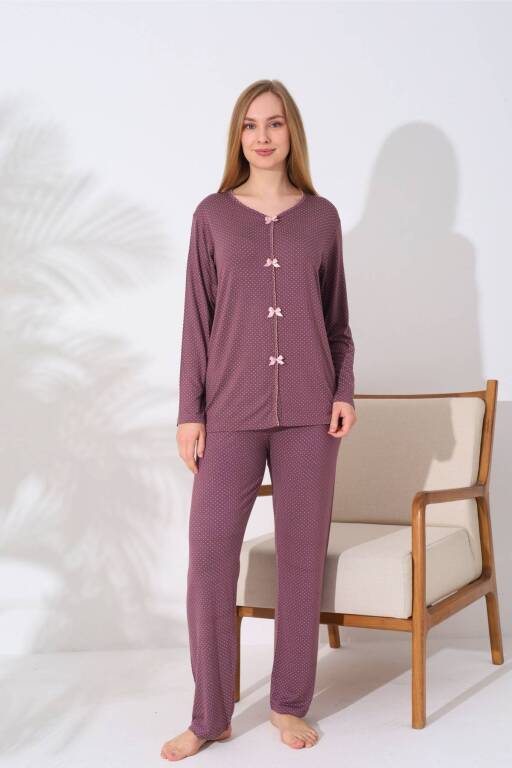 Kadın Pijama Takımı - Gülkurusu Puantiyeli Önden Düğmeli Uzun Kollu Likralı 2828UY - Alimer