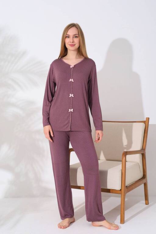 Kadın Pijama Takımı - Gülkurusu Puantiyeli Önden Düğmeli Uzun Kollu Likralı 2828UY - 3