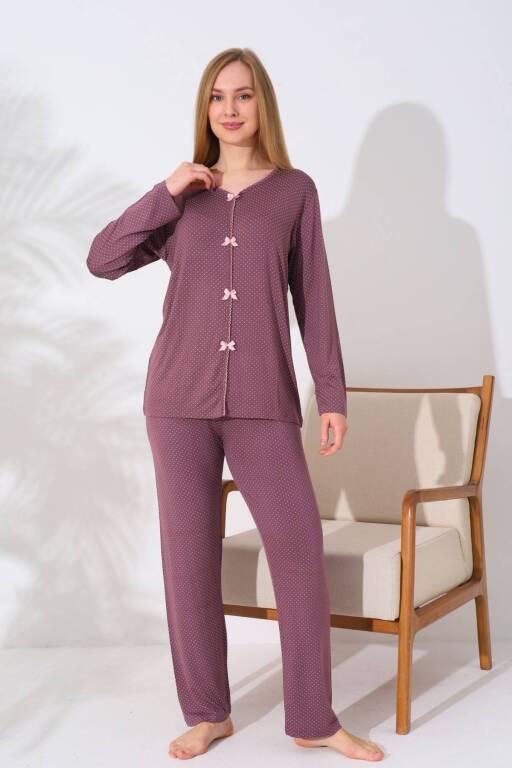 Kadın Pijama Takımı - Gülkurusu Puantiyeli Önden Düğmeli Uzun Kollu Likralı 2828UY - 4