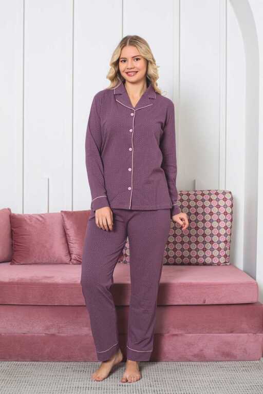 Kadın Pijama Takımı - Gülkurusu Puantiyeli Önden Düğmeli Uzun Kollu Likralı Viskon 2888UY - Alimer