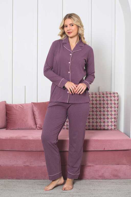 Kadın Pijama Takımı - Gülkurusu Puantiyeli Önden Düğmeli Uzun Kollu Likralı Viskon 2888UY - Alimer (1)
