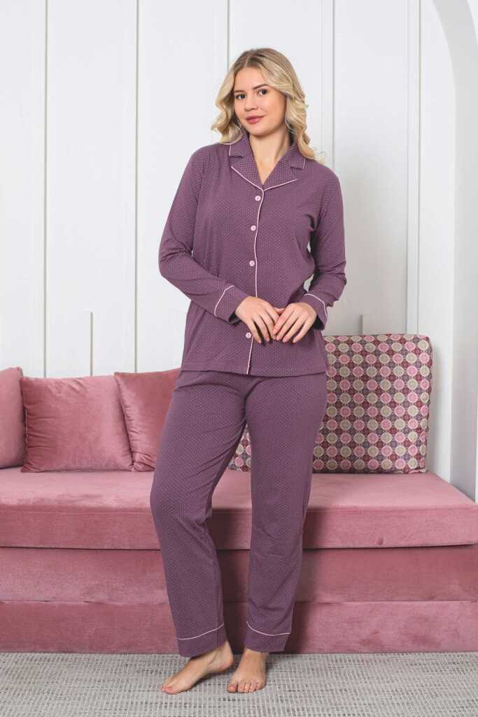 Kadın Pijama Takımı - Gülkurusu Puantiyeli Önden Düğmeli Uzun Kollu Likralı Viskon 2888UY - 2